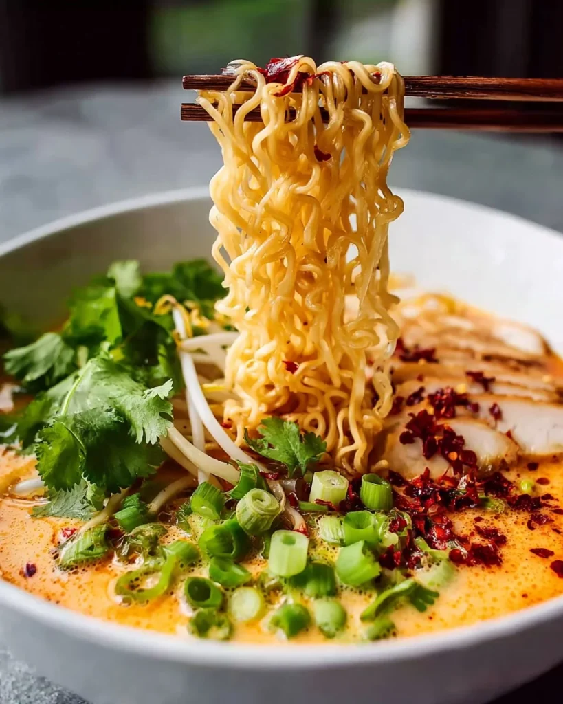 Creamy Marry Me Chicken Ramen in a bowl with toppings