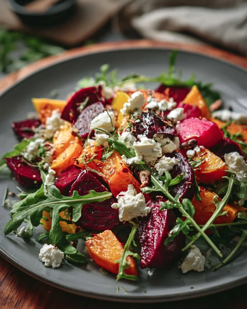 Creamy roasted beet salad with sweet potatoes and feta cheese served in a bowl.