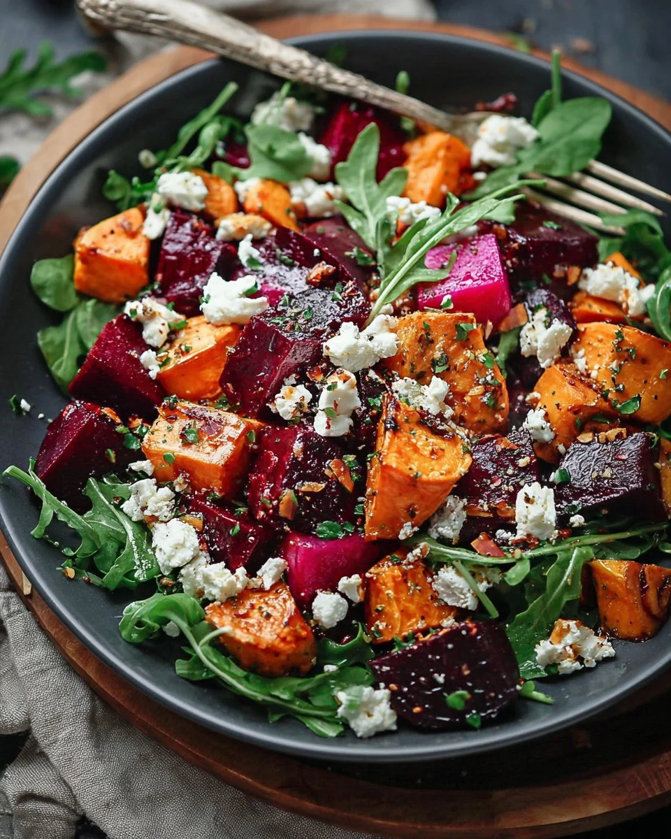Creamy Roasted Beet Salad with Sweet Potato & Feta