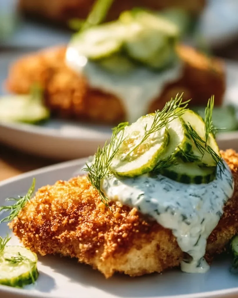 Crispy dill pickle Parmesan chicken garnished and ready to serve.