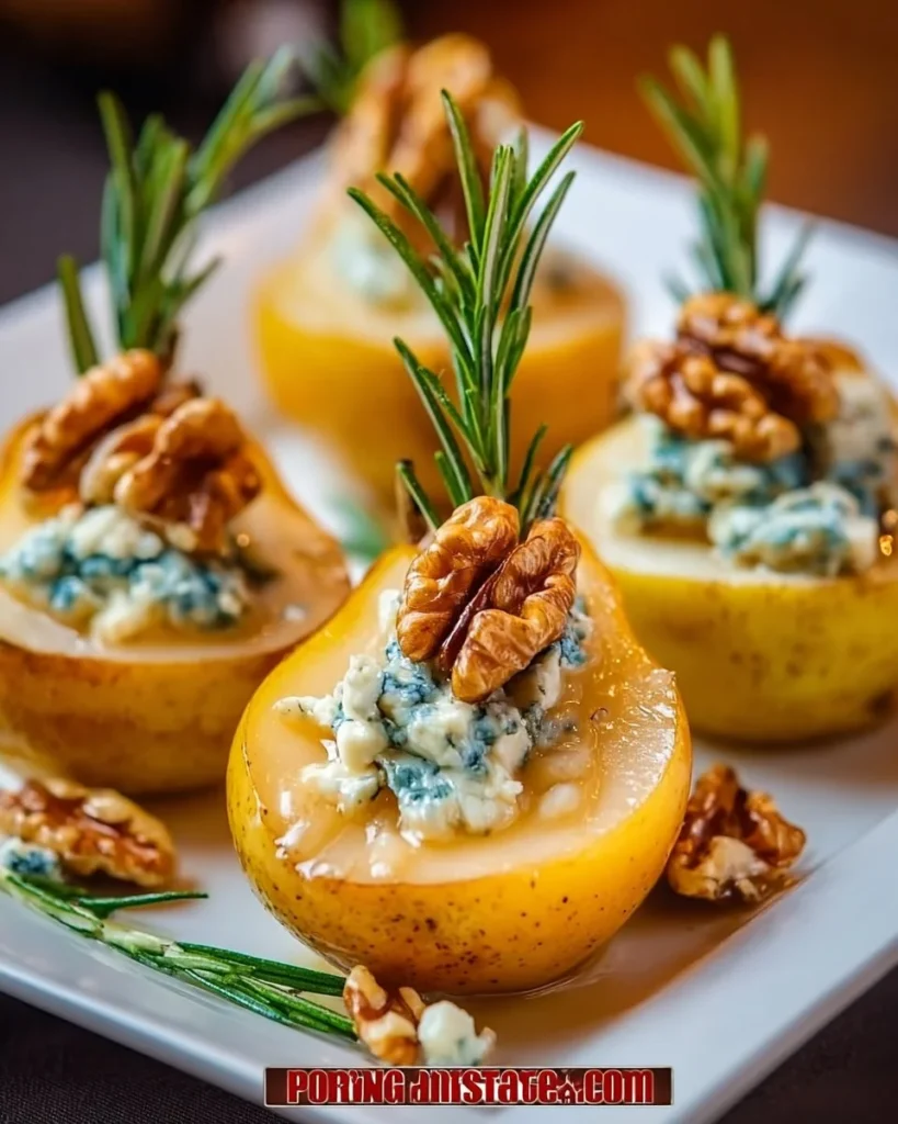 Elegant blue cheese stuffed pears garnished with nuts and herbs.