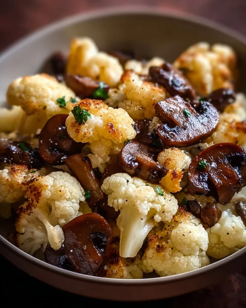 Garlic Cauliflower Mushroom Skillet dish in a skillet, ready to serve.