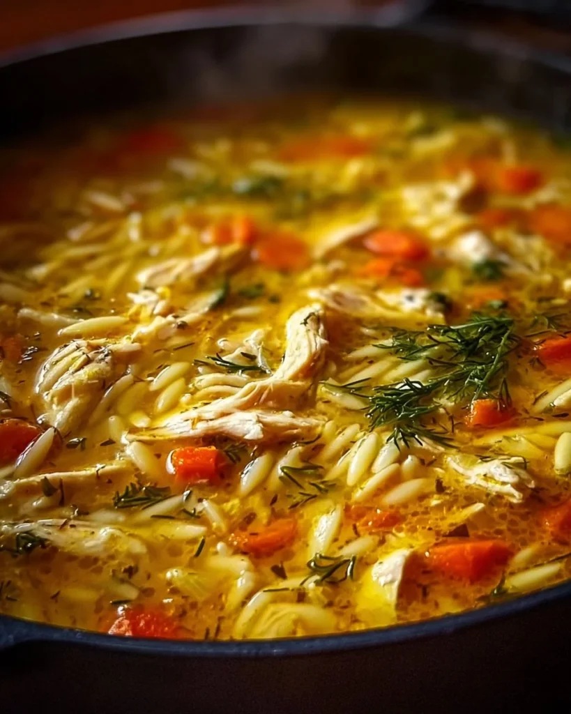 Bowl of Greek lemon chicken soup with fresh herbs and lemon slices
