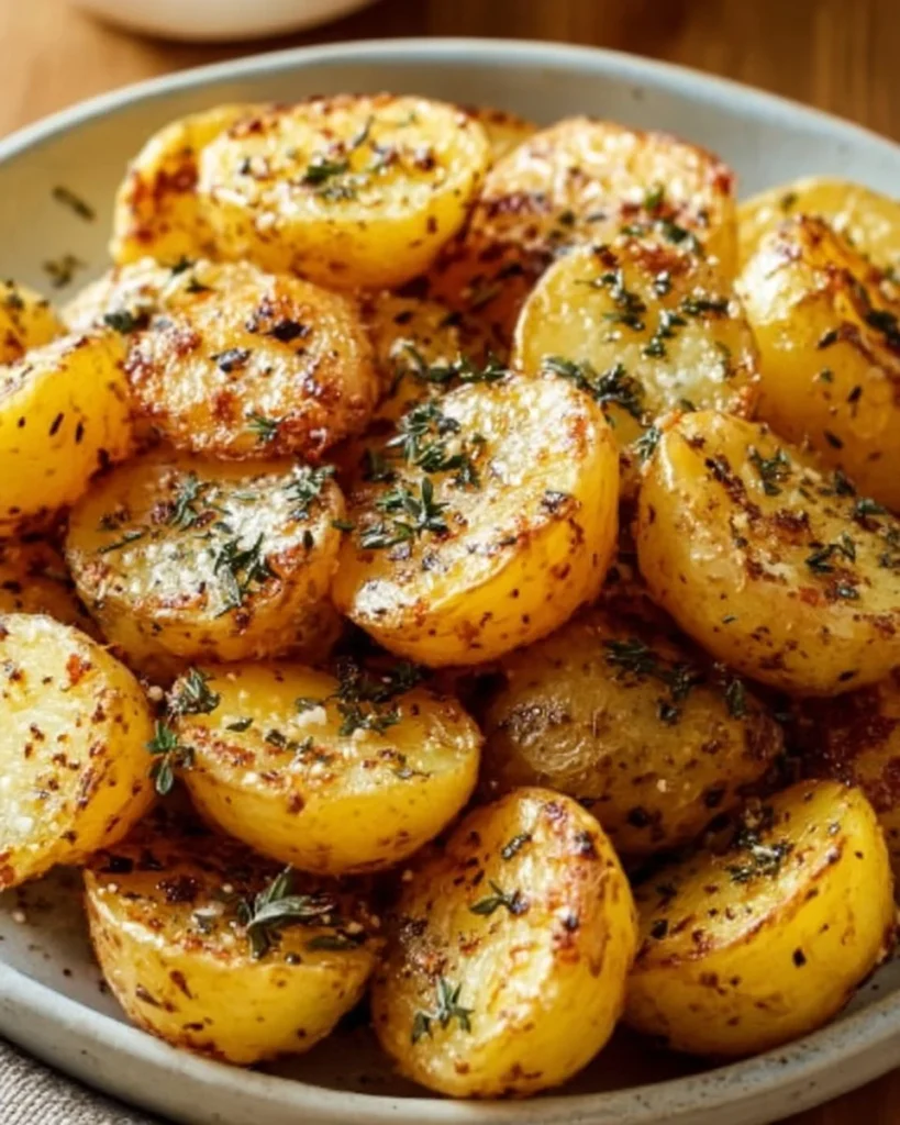 Plate of Greek-Style Lemon Potatoes garnished with herbs