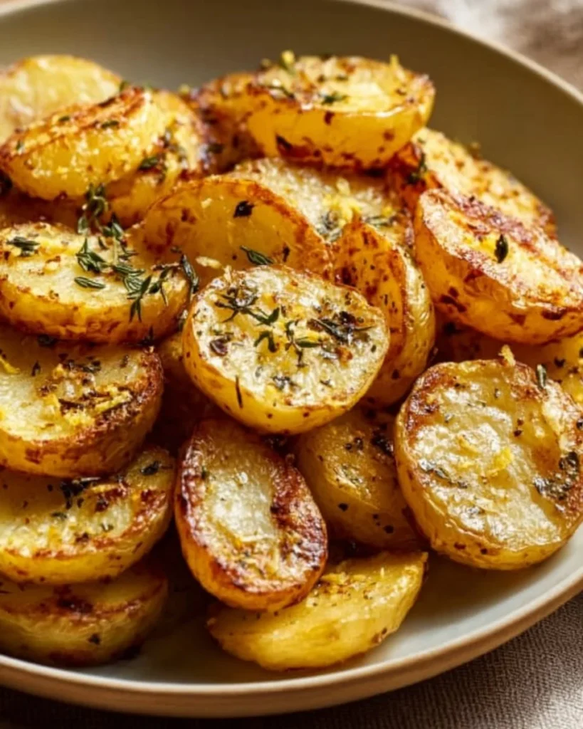 Delicious Greek-style lemon potatoes garnished with herbs