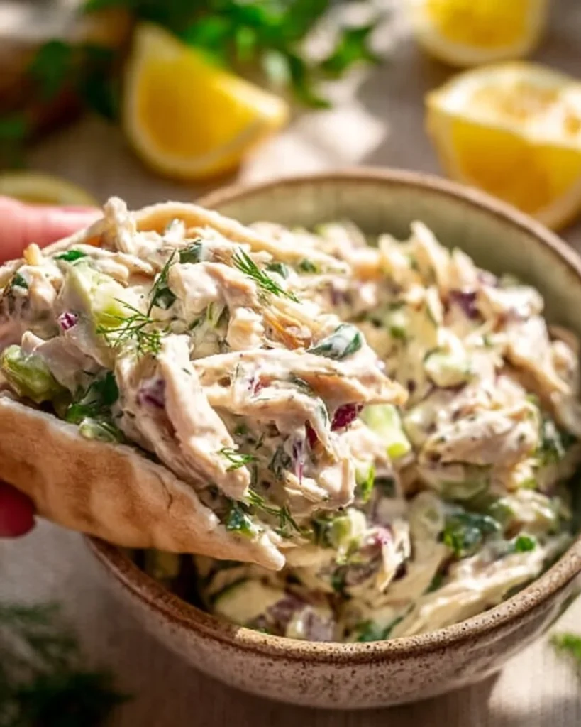 Refreshing Greek Tzatziki chicken salad with cucumbers and herbs