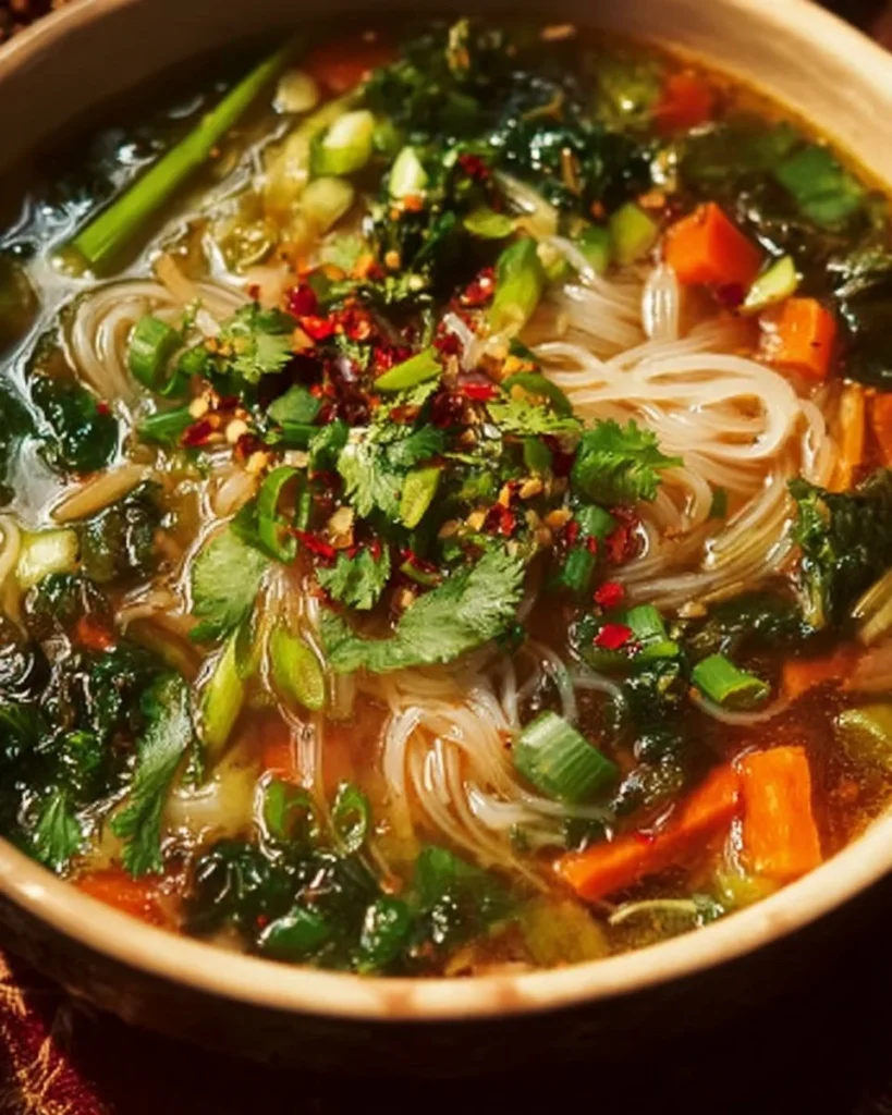 Bowl of healing Ginger Garlic Broth with Rice Noodles garnished with herbs