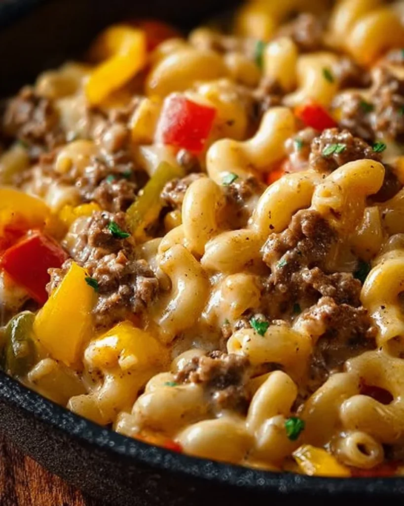 Delicious creamy Philly cheesesteak mac and cheese topped with cheese and steak