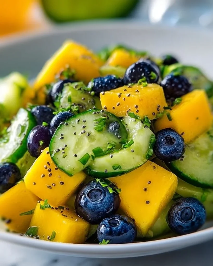 Colorful mango cucumber salad with blueberries and avocado in a bowl