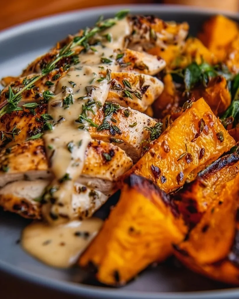 Maple Dijon Chicken served in a bowl with sweet potatoes and greens