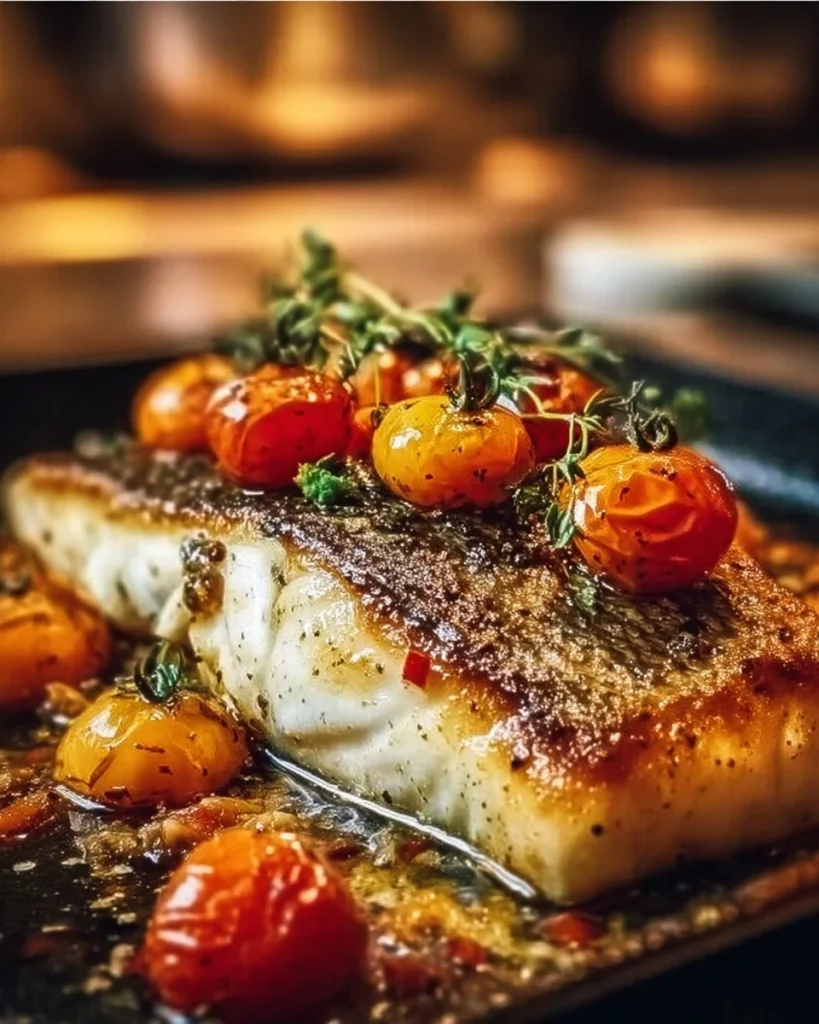 Colorful Mediterranean Baked Fish garnished with herbs and lemon slices