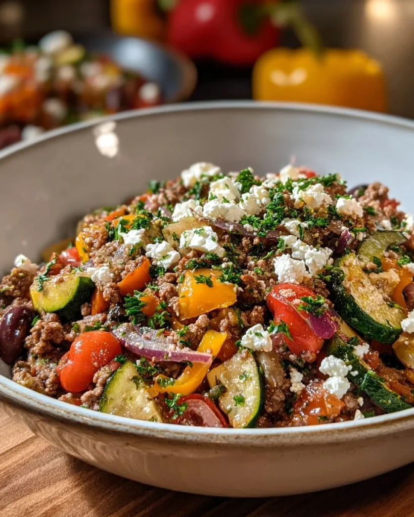 Mediterranean ground beef stir-fry with colorful vegetables in a skillet