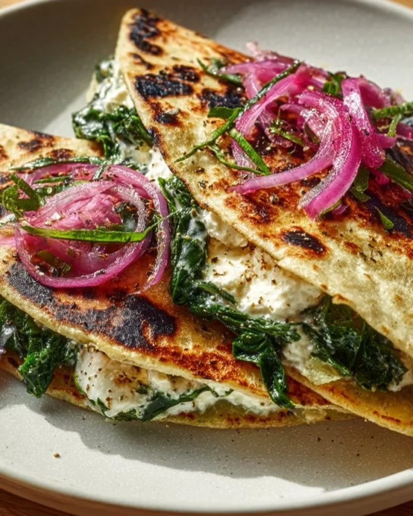 Mediterranean Quesadillas with spinach, feta, mozzarella, and red onion on a plate.