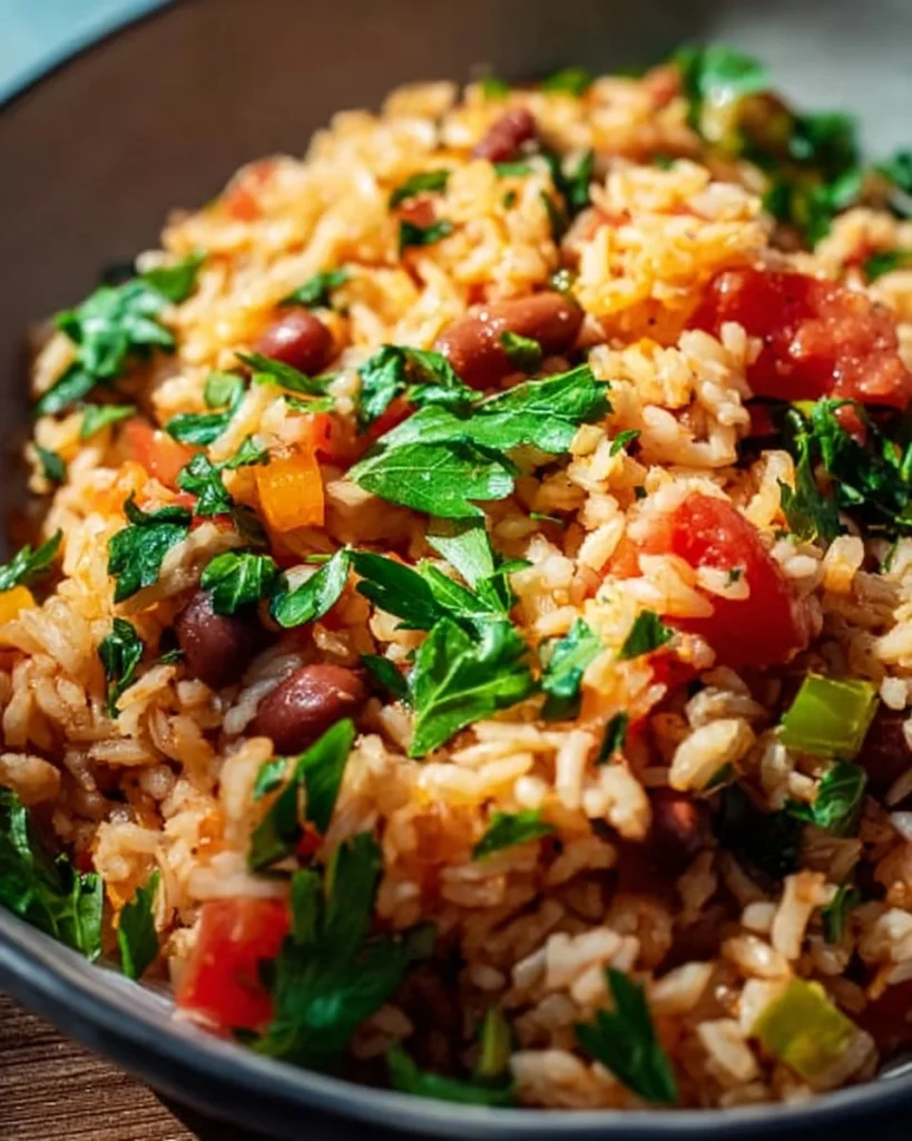Bowl of Mediterranean rice and beans topped with fresh herbs and vegetables