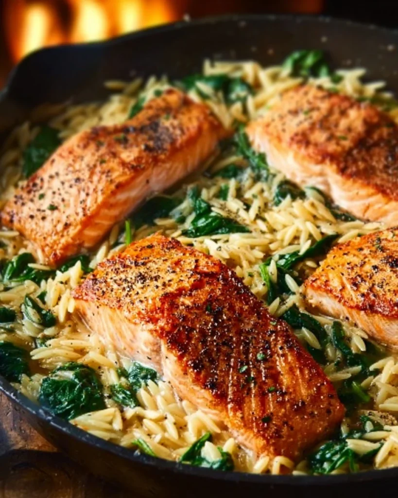 Skillet salmon served with a side of flavorful lemon orzo in a single pan.
