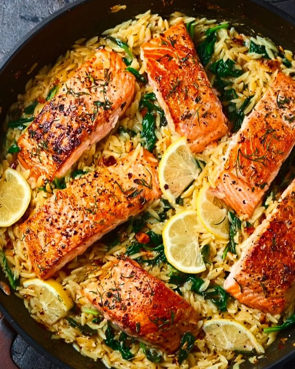 One Skillet Salmon with Lemon Orzo