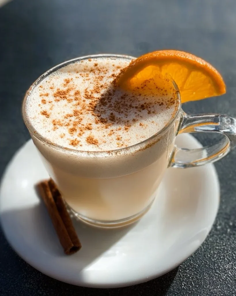 A warm and inviting cup of orange cinnamon milk tea with cinnamon sticks and orange slices.