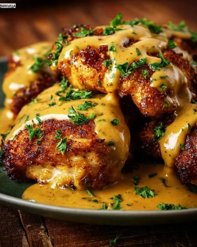 Delicious Pretzel Chicken plated with dipping sauce and fresh herbs