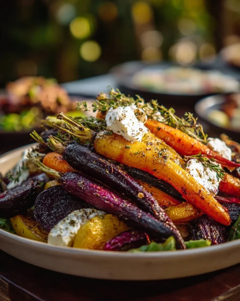 Roasted Beets and Carrots Salad with Burrata on a plate
