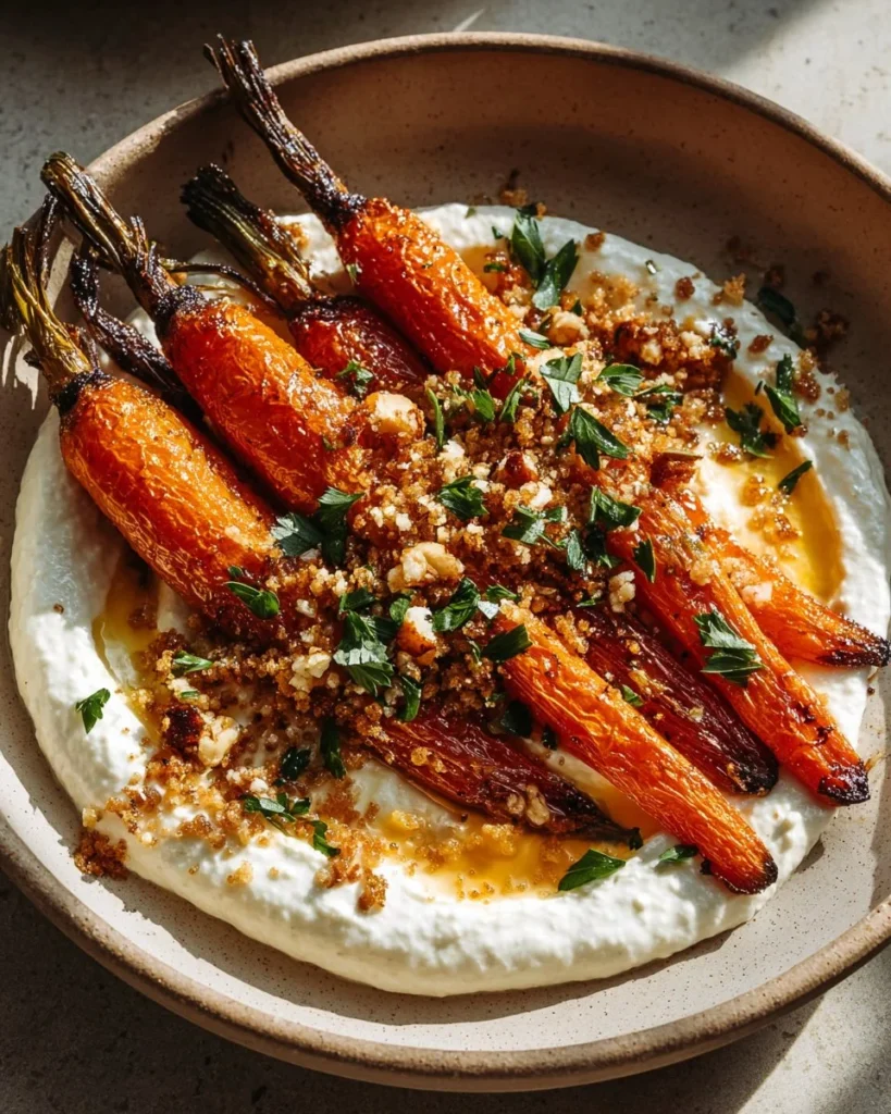 Plate of roasted carrots with whipped ricotta and hot honey drizzle
