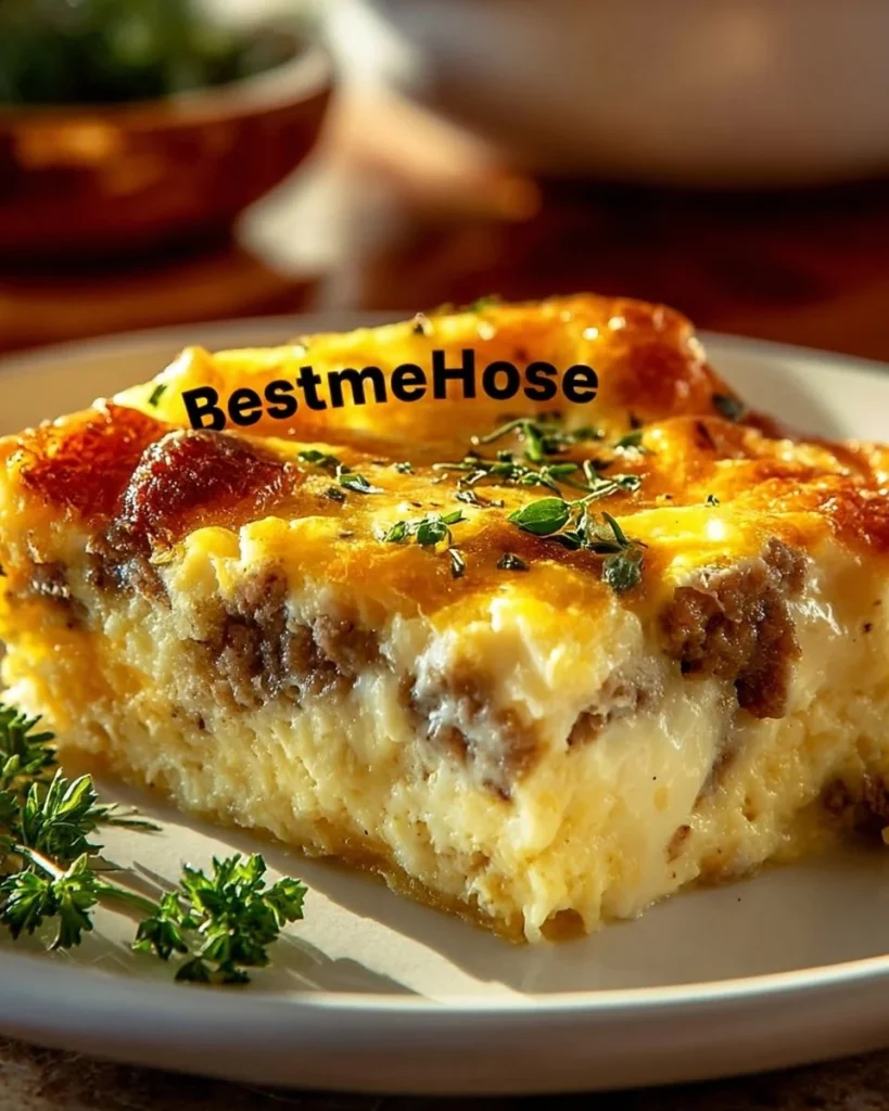 Sausage and Egg Casserole baked in a dish, served hot and ready to enjoy.