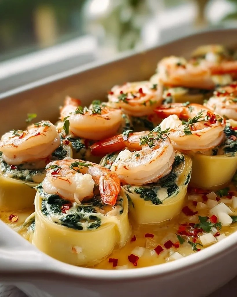 Shrimp stuffed pasta rolls garnished with herbs, showcasing a flavorful dish