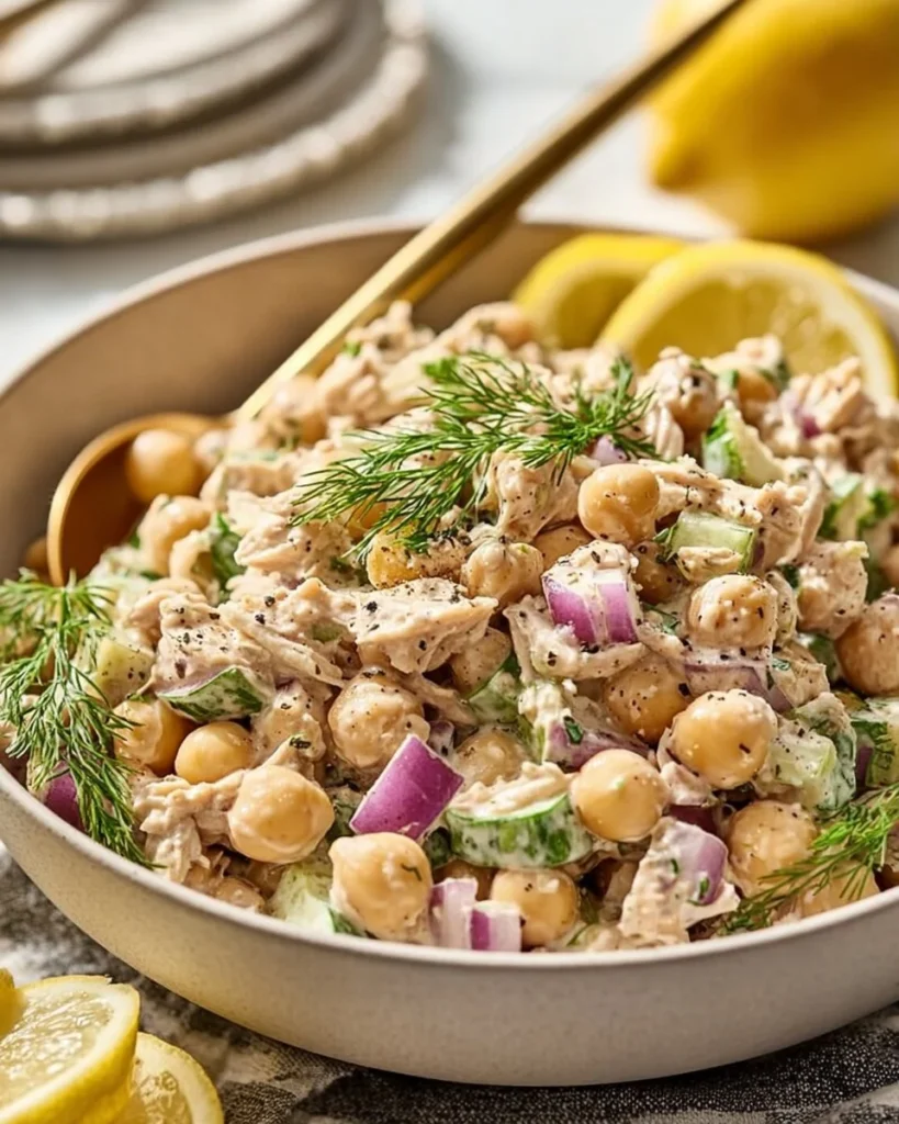 Colorful bowl of simple tuna chickpea salad with fresh vegetables and herbs