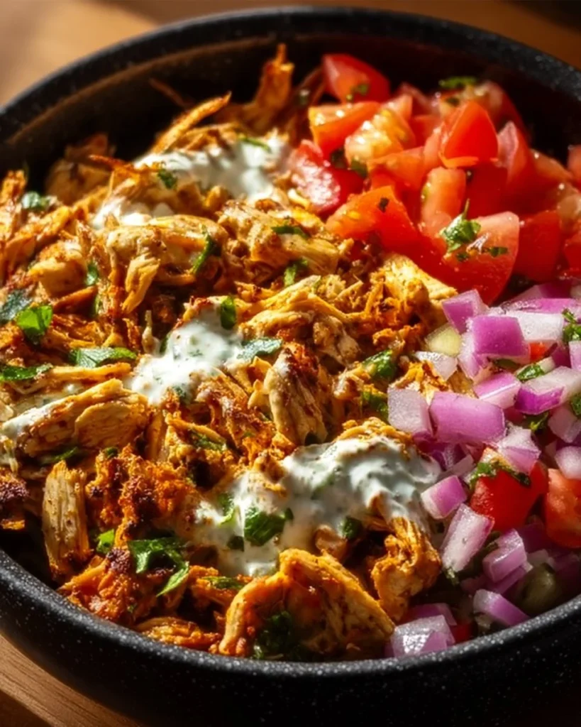 Slow Cooker Chicken Shawarma served with pita and fresh vegetables