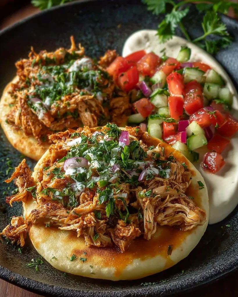 Slow Cooker Chicken Shawarma served with fresh vegetables and pita bread