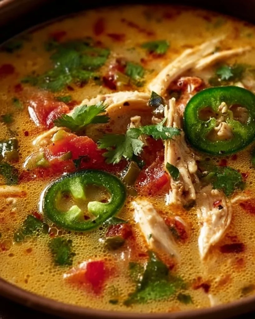 Bowl of spicy jalapeño popper chicken soup garnished with jalapeños and cheese.