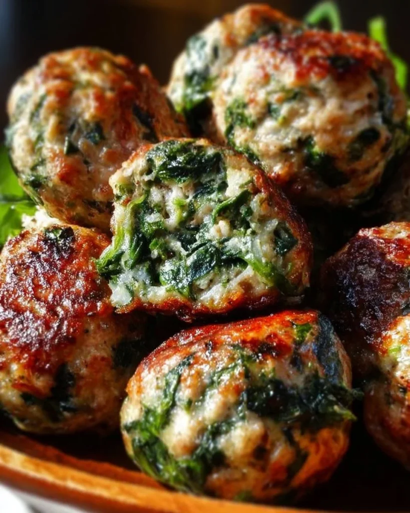 Delicious spinach garlic meatballs served on a plate with herbs