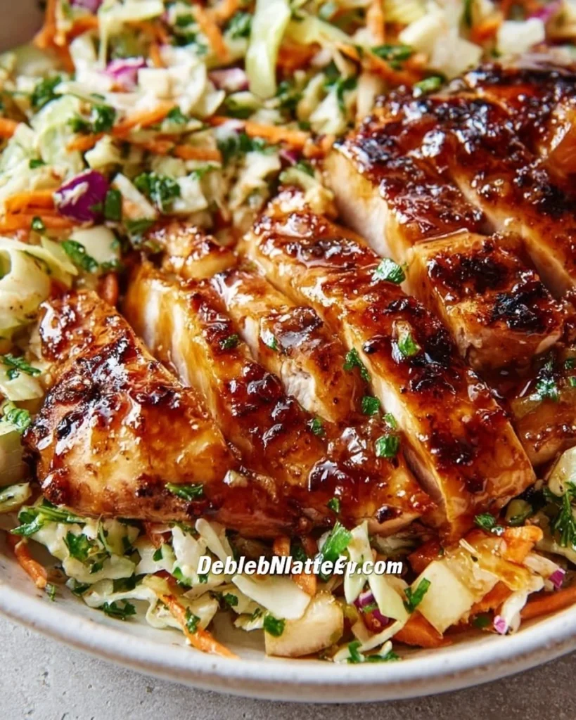 Sticky Apple Cider Chicken with fresh autumn slaw on a plate