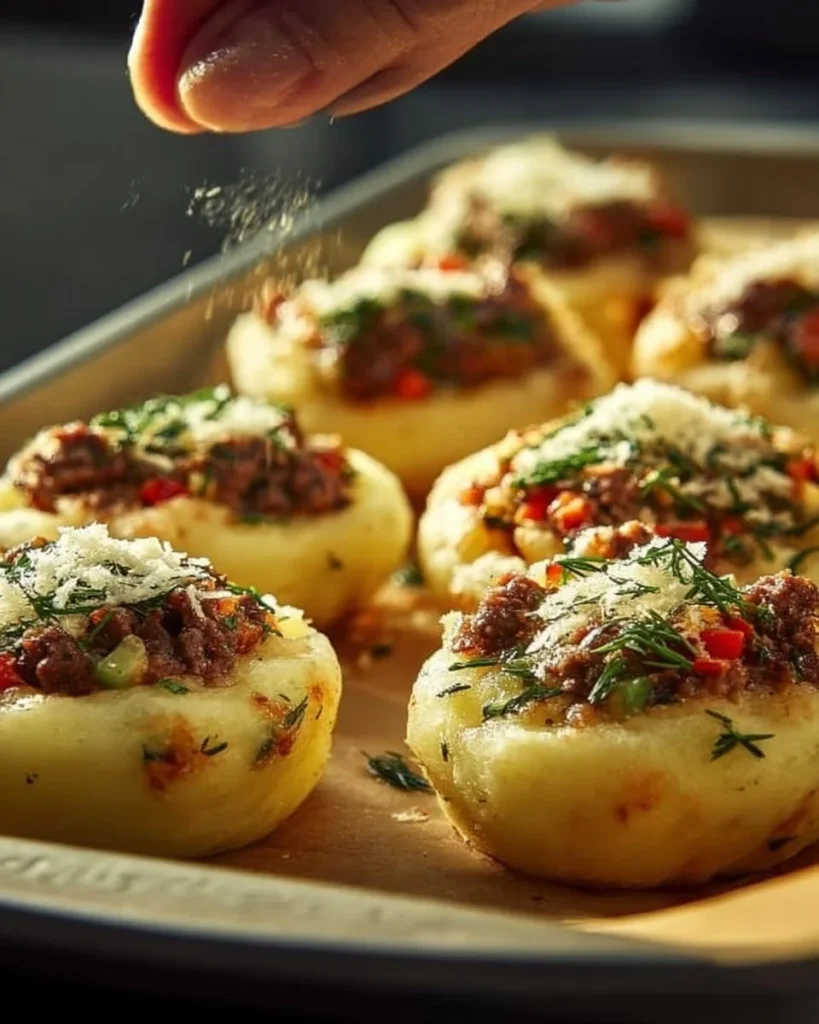 Delicious stuffed mashed potato nests garnished with herbs