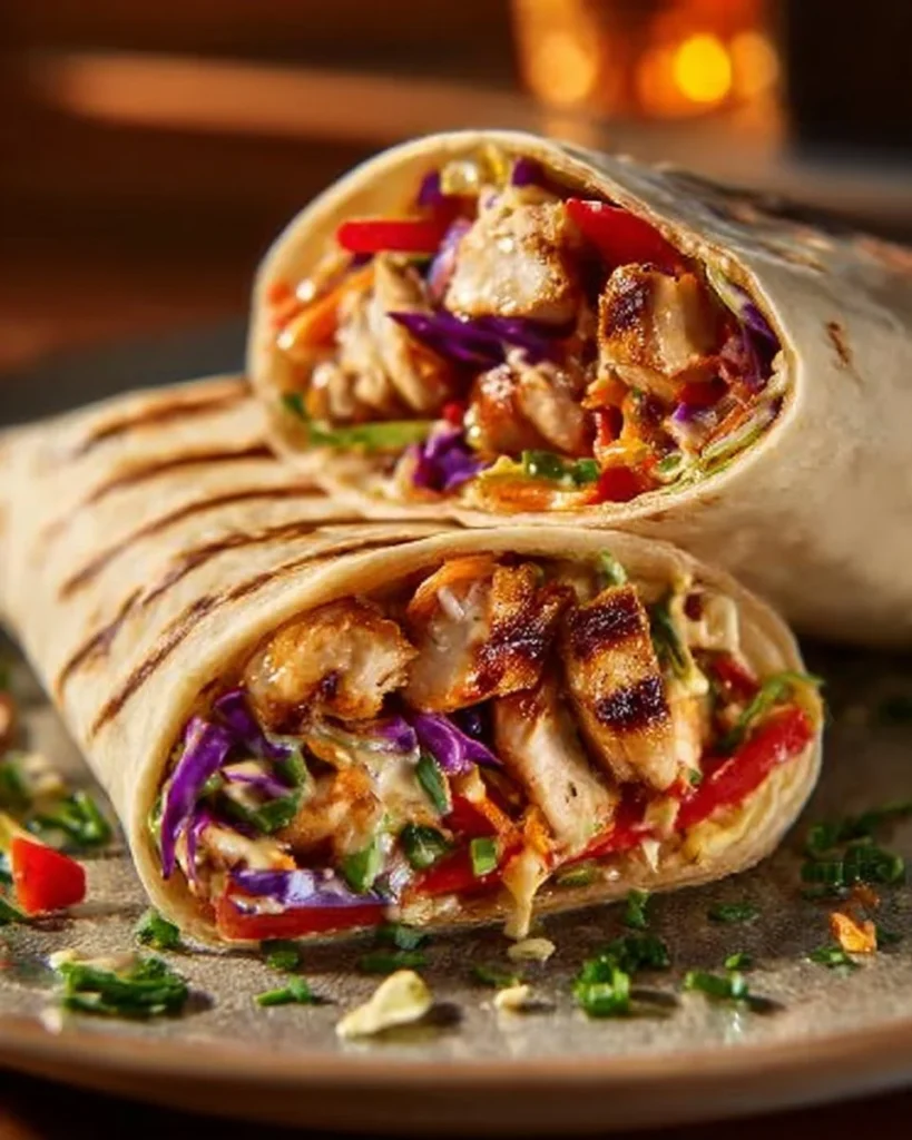 Thai Chicken Wrap with Crunchy Asian Slaw served on a plate