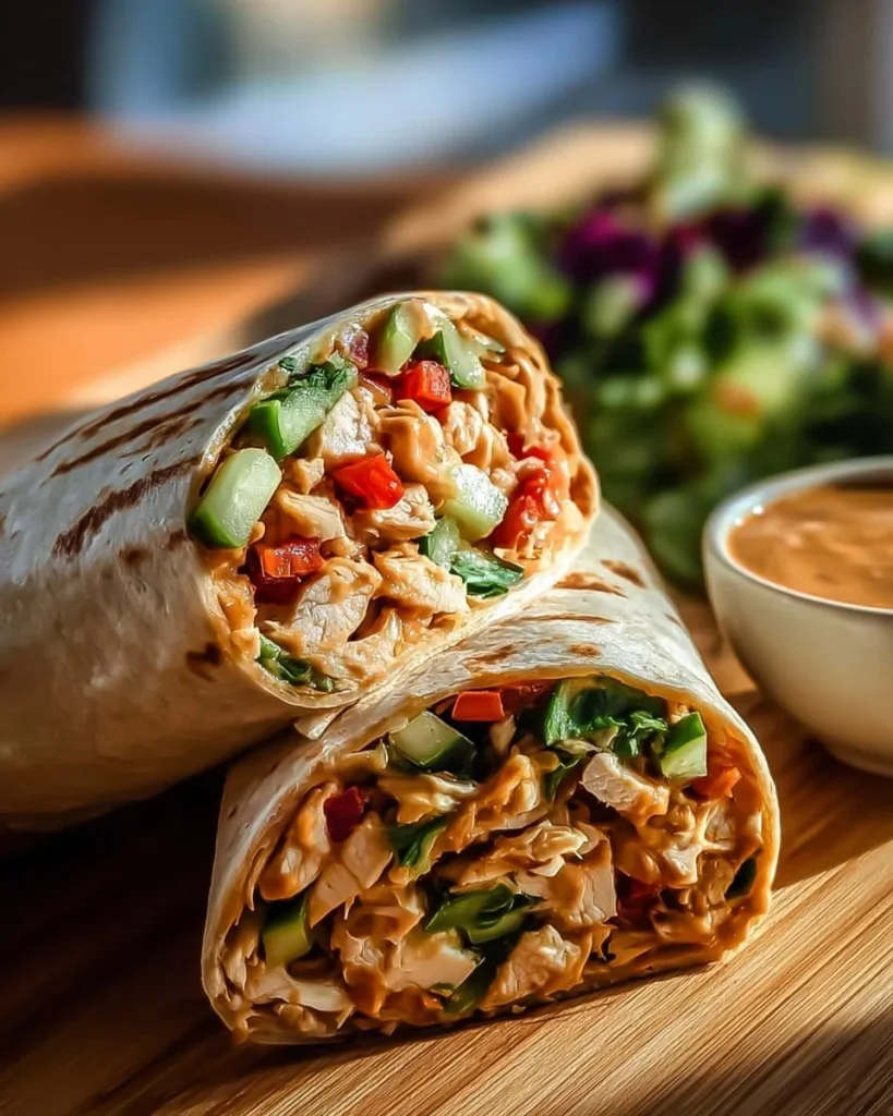 Thai Peanut Chicken Wraps with fresh vegetables and sauce