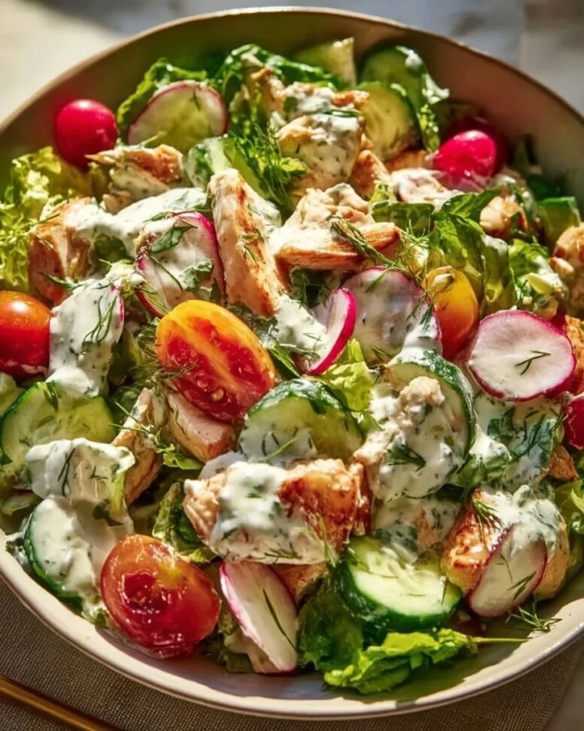 Delicious Tzatziki Chicken Salad with fresh ingredients on a plate.