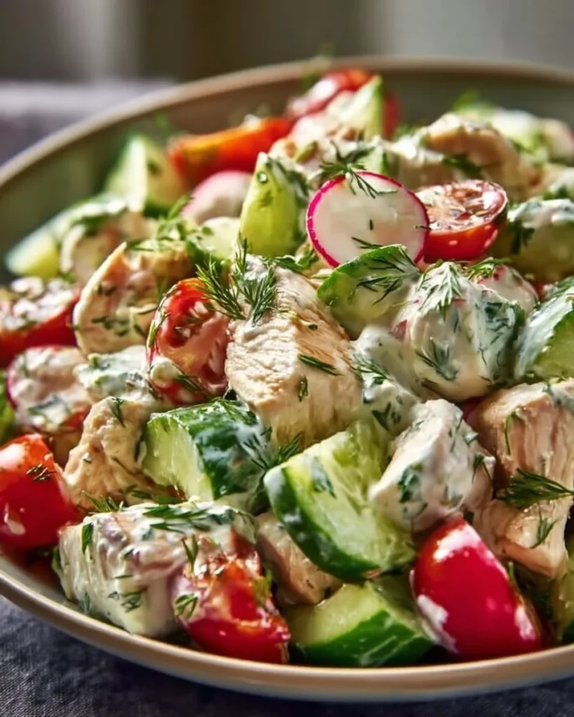 Tzatziki Chicken Salad served in a bowl with fresh vegetables