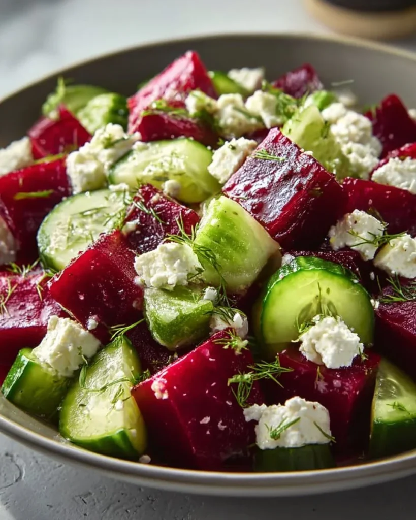 Colorful beet salad with feta cheese and cucumbers served in a bowl