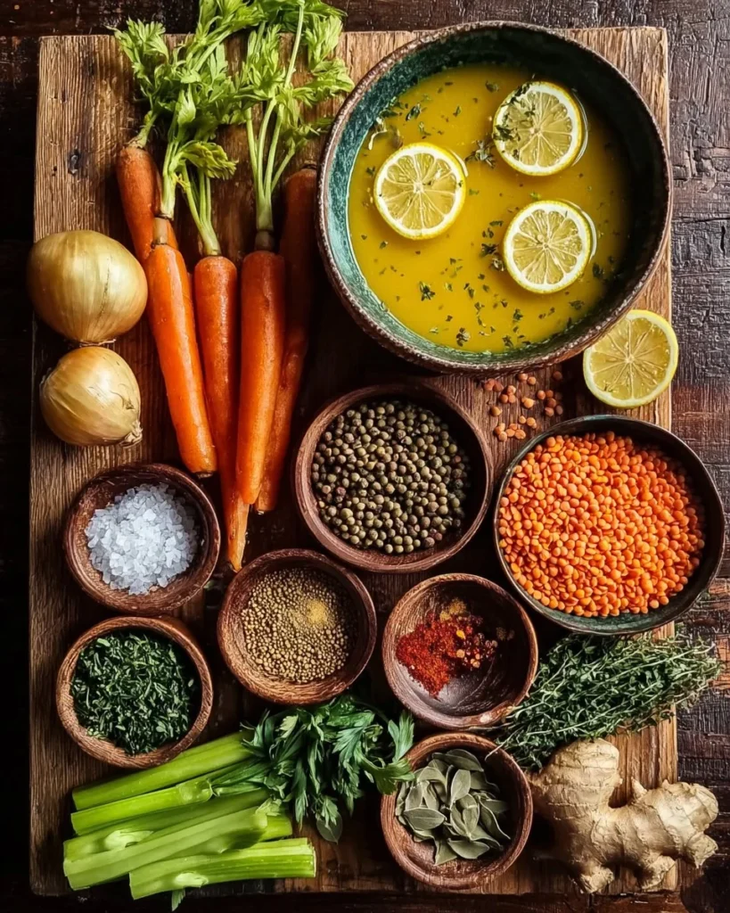 Bowl of golden lemon lentil soup garnished with herbs and lemon slices