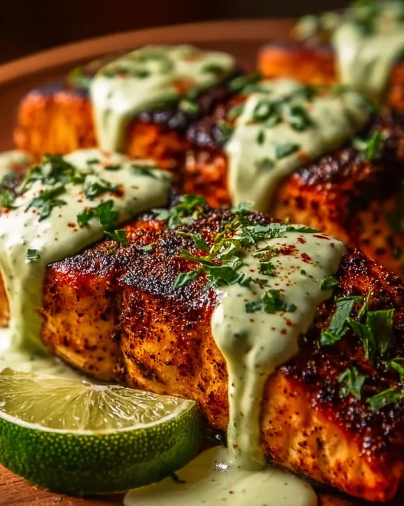 Baked Cajun Salmon fillet with creamy avocado lime sauce on a plate
