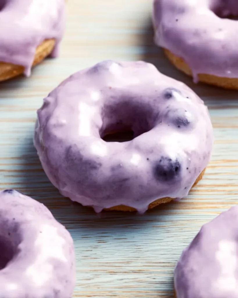 Delicious blueberry cake donuts topped with glaze and fresh blueberries