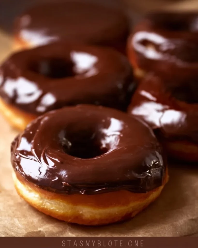 Freshly baked cake donuts with rich chocolate glaze on top