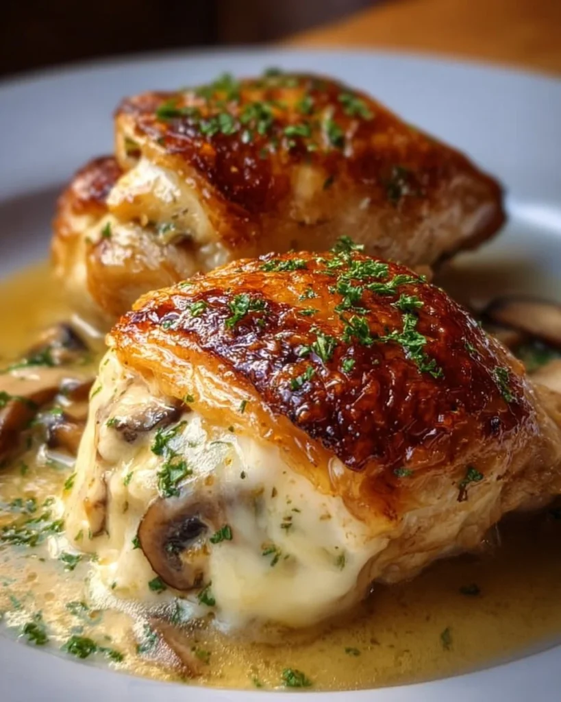 Cheesy garlic butter mushroom stuffed chicken on a plate
