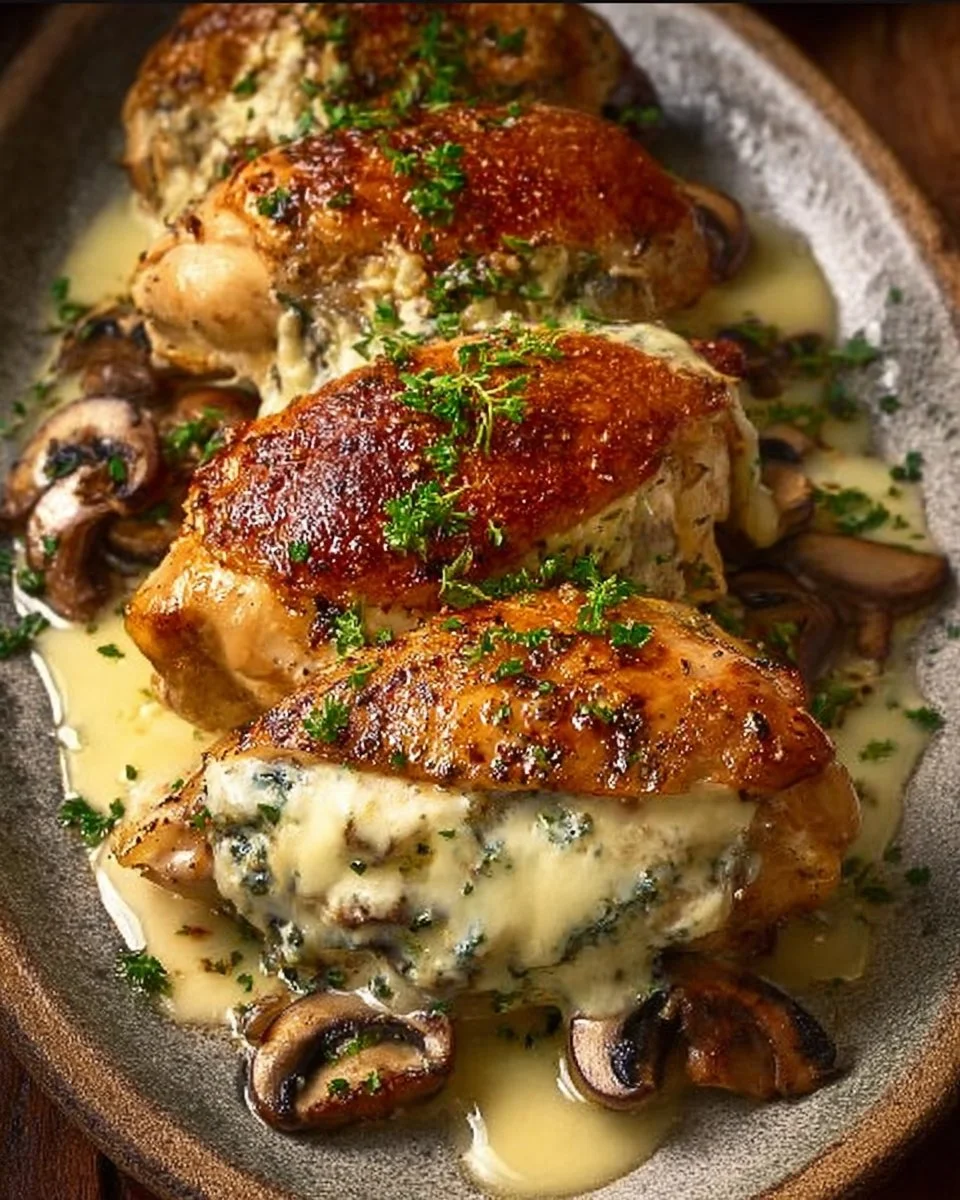 Cheesy Garlic Butter Mushroom Stuffed Chicken