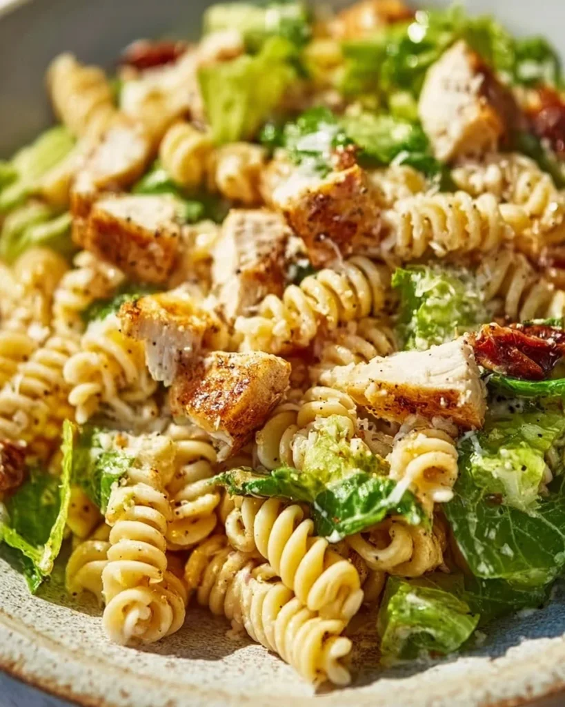 A vibrant Chicken Caesar Pasta Salad with grilled chicken, romaine, and Caesar dressing.
