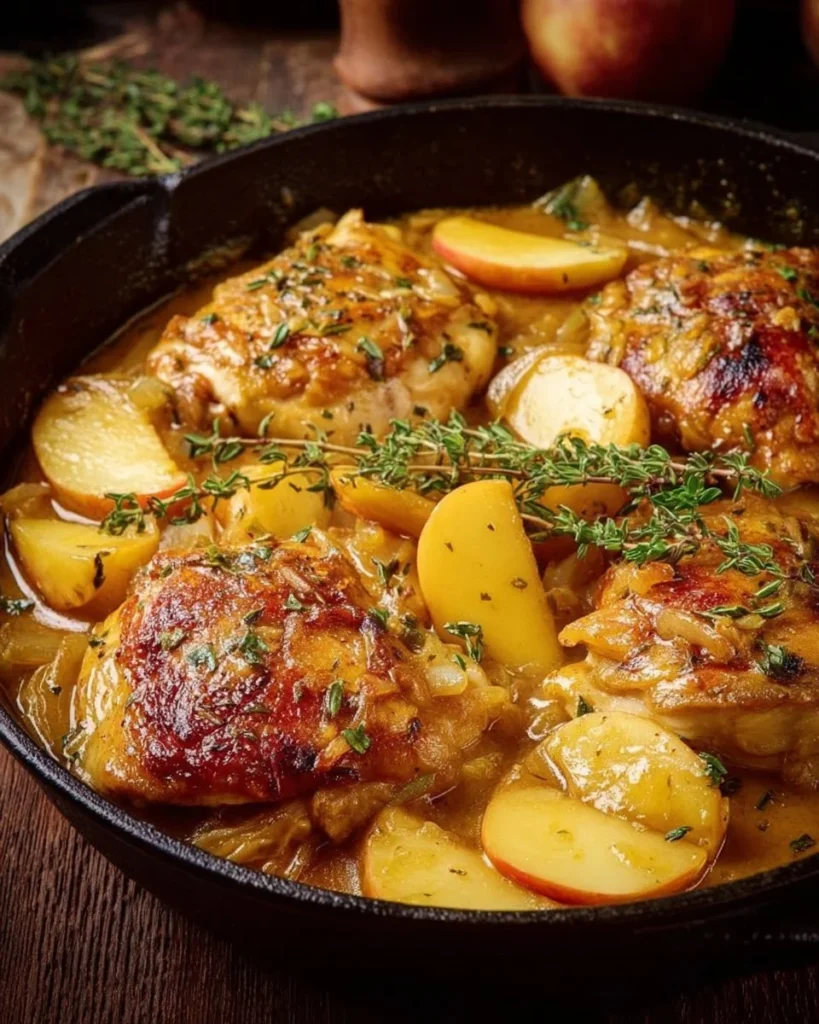 Plate of Chicken Normandy with creamy sauce and herbs garnished, ready to enjoy