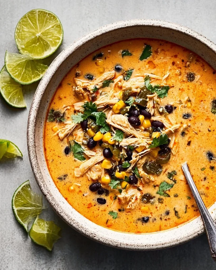 Bowl of Chicken Poblano Soup garnished with cilantro and lime.