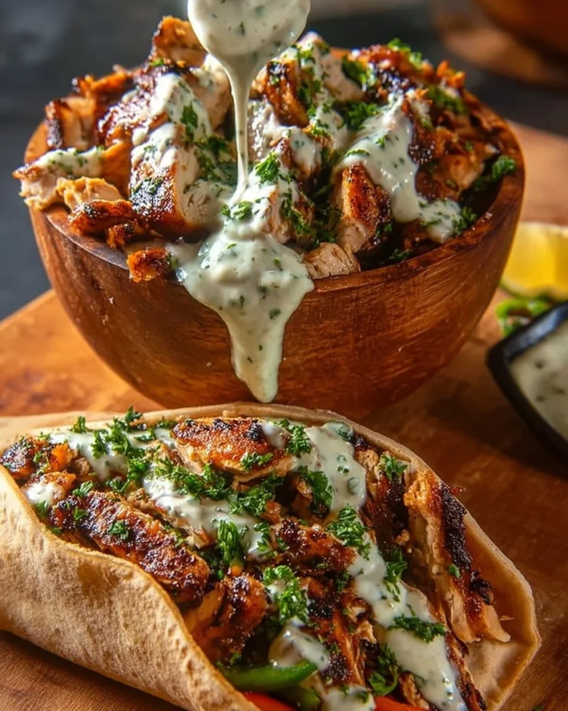 Delicious Chicken Shawarma drizzled with creamy garlic sauce served in pita bread
