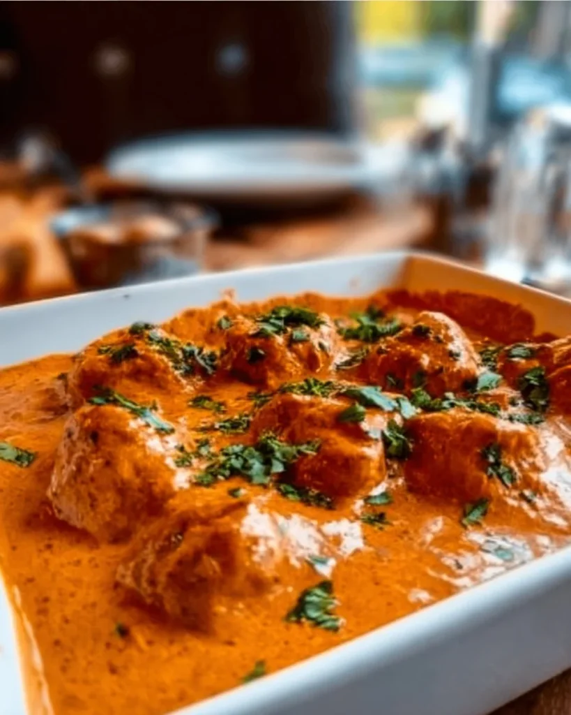 Delicious Chicken Tikka Masala served with rice and naan bread.