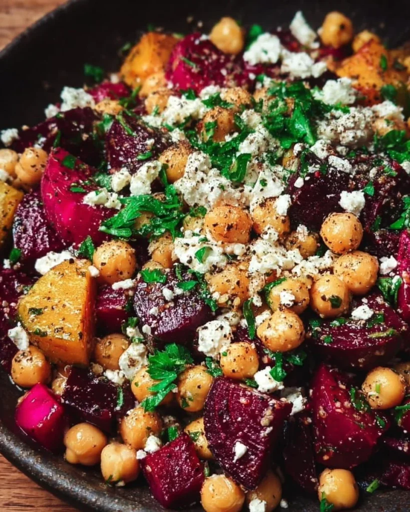 Chickpea salad with beets and feta, garnished with fresh herbs.